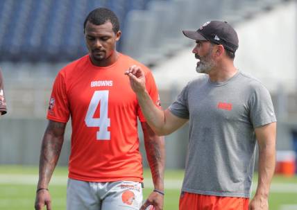 Browns quarterback Deshaun Watson talks with head coach Kevin Stefanski after minicamp on Wednesday, June 15, 2022 in Canton.

Browns Hof 4