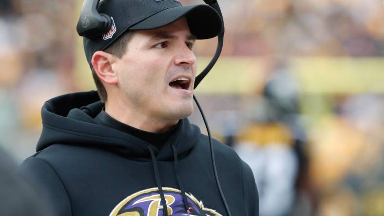 Dec 11, 2022; Pittsburgh, Pennsylvania, USA;  Baltimore Ravens defensive coordinator Mike Macdonald reacts on the sidelines against the Pittsburgh Steelers during the second quarter at Acrisure Stadium. Mandatory Credit: Charles LeClaire-USA TODAY Sports