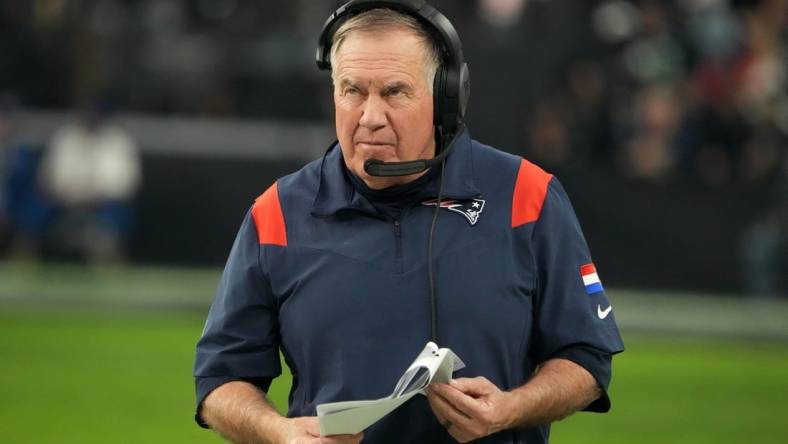 Dec 18, 2022; Paradise, Nevada, USA; iNew England Patriots head coach Bill Belichick reacts in the second half against the Las Vegas Raiders at Allegiant Stadium. The Raiders defeated the Patriots 30-24. Mandatory Credit: Kirby Lee-USA TODAY Sports