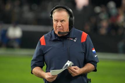 Dec 18, 2022; Paradise, Nevada, USA; iNew England Patriots head coach Bill Belichick reacts in the second half against the Las Vegas Raiders at Allegiant Stadium. The Raiders defeated the Patriots 30-24. Mandatory Credit: Kirby Lee-USA TODAY Sports
