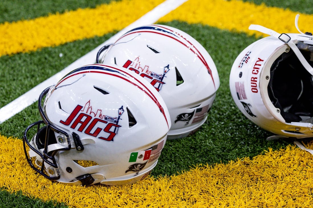 Dec 21, 2022; New Orleans, Louisiana, USA;  General view of the South Alabama Jaguars helmets against the Western Kentucky Hilltoppers during the first half at Caesars Superdome. Mandatory Credit: Stephen Lew-USA TODAY Sports