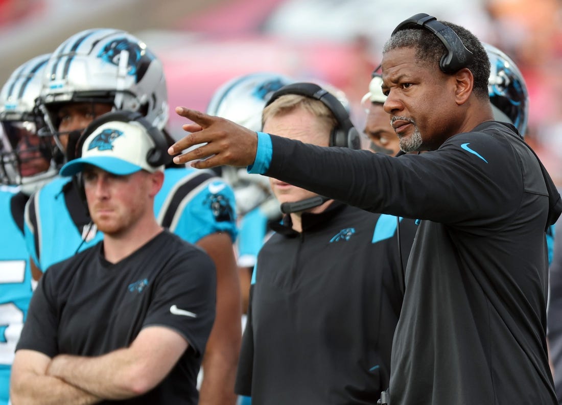 Jan 1, 2023; Tampa, Florida, USA; Carolina Panthers interm head coach Steve Wilks during the second half at Raymond James Stadium. Mandatory Credit: Kim Klement-USA TODAY Sports