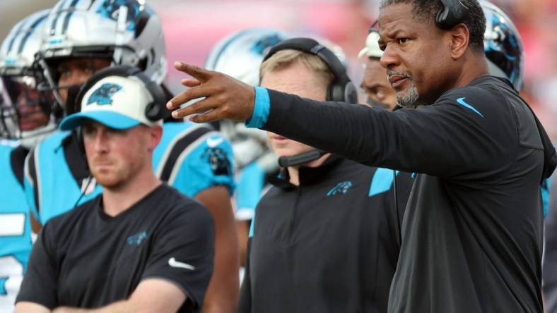 Jan 1, 2023; Tampa, Florida, USA; Carolina Panthers interm head coach Steve Wilks during the second half at Raymond James Stadium. Mandatory Credit: Kim Klement-USA TODAY Sports