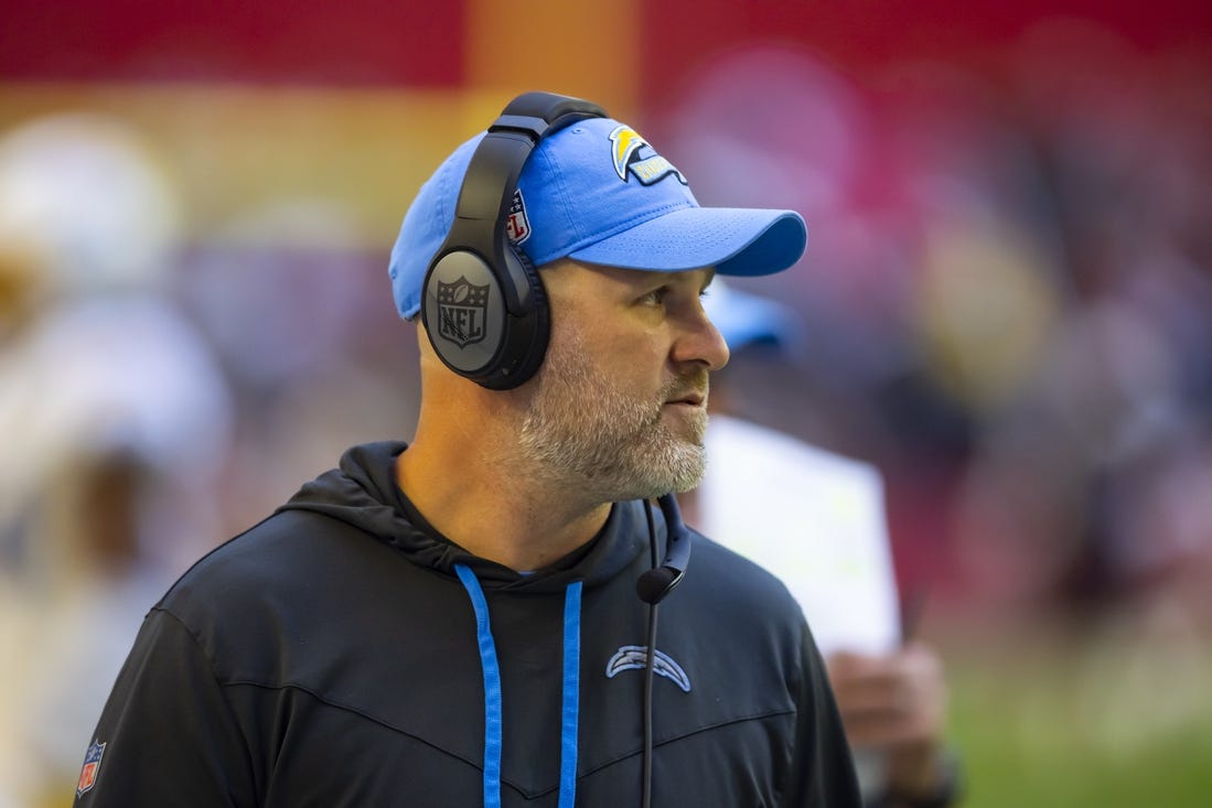 Nov 27, 2022; Glendale, AZ, USA; Los Angeles Chargers run game coordinator Jay Rodgers against the Arizona Cardinals at State Farm Stadium. Mandatory Credit: Mark J. Rebilas-USA TODAY Sports