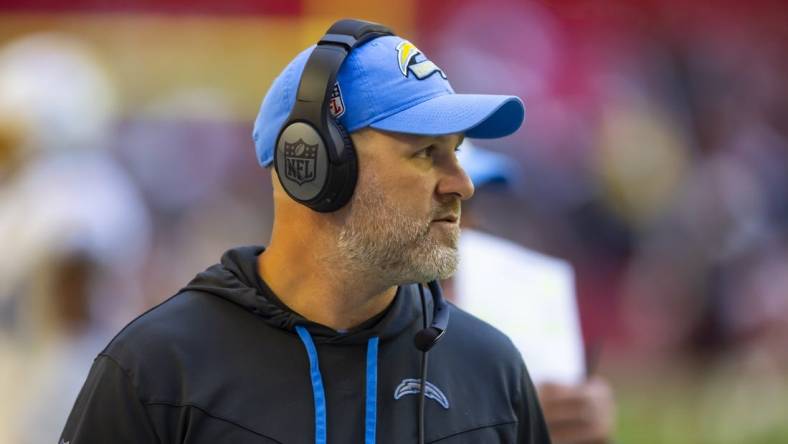 Nov 27, 2022; Glendale, AZ, USA; Los Angeles Chargers run game coordinator Jay Rodgers against the Arizona Cardinals at State Farm Stadium. Mandatory Credit: Mark J. Rebilas-USA TODAY Sports