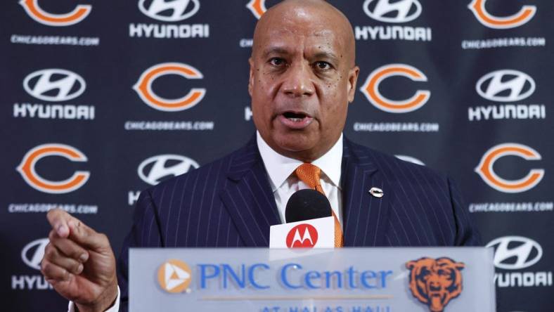 Jan 17, 2023; Chicago, Illinois, US; New Chicago Bears president and CEO Kevin Warren speaks during the press conference at Halas Hall. Mandatory Credit: Kamil Krzaczynski-USA TODAY Sports