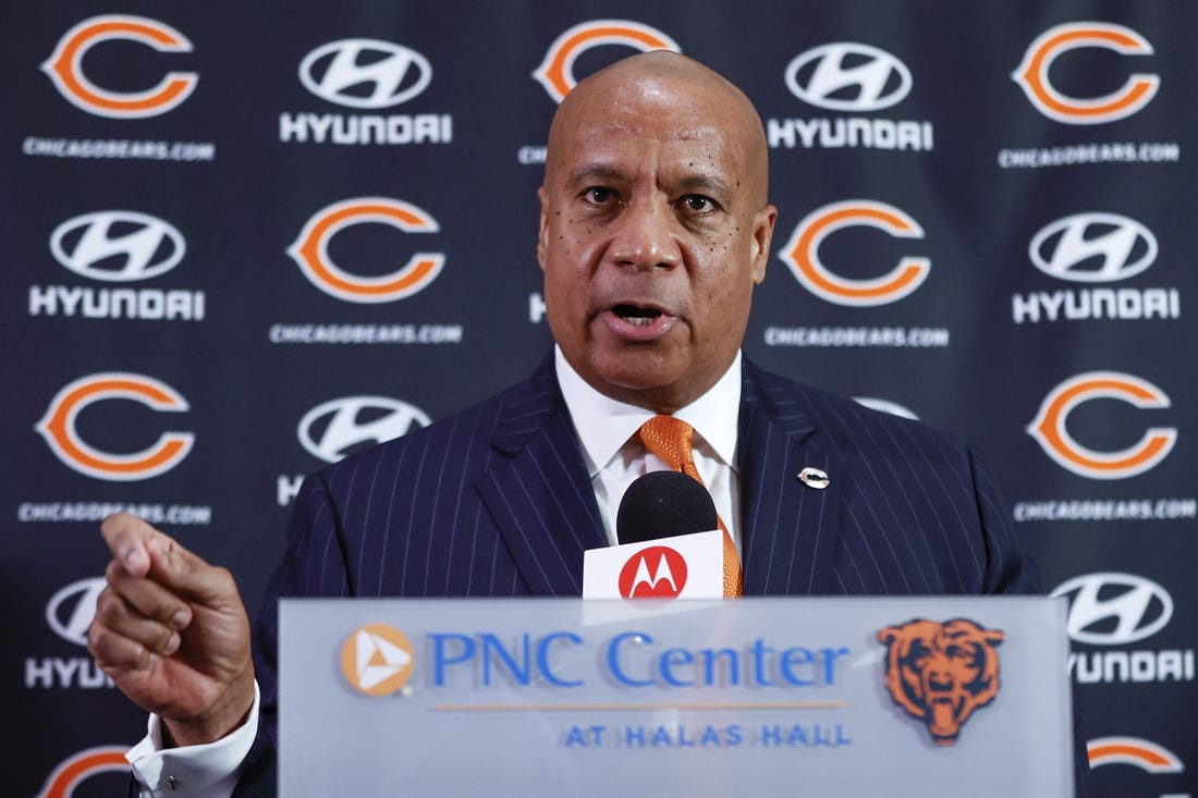Jan 17, 2023; Chicago, Illinois, US; New Chicago Bears president and CEO Kevin Warren speaks during the press conference at Halas Hall. Mandatory Credit: Kamil Krzaczynski-USA TODAY Sports