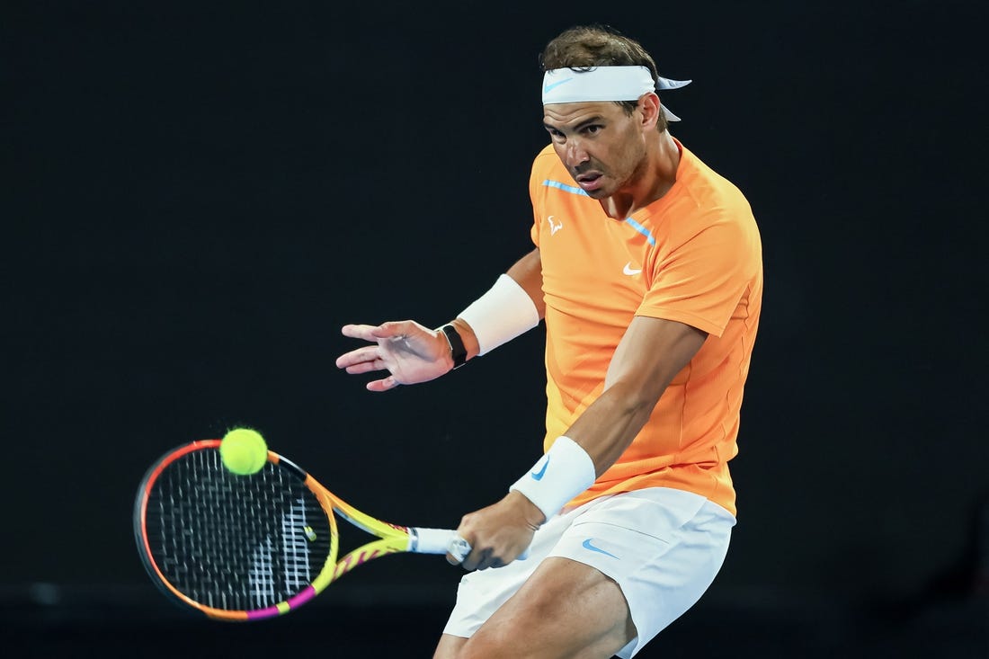 Jan 18, 2023; Melbourne, VICTORIA, Australia; Rafael Nadal during his second round match against Mackenzie Mcdonald on day three of the 2023 Australian Open tennis tournament at Melbourne Park. Mandatory Credit: Mike Frey-USA TODAY Sports