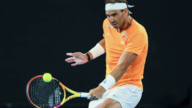 Jan 18, 2023; Melbourne, VICTORIA, Australia; Rafael Nadal during his second round match against Mackenzie Mcdonald on day three of the 2023 Australian Open tennis tournament at Melbourne Park. Mandatory Credit: Mike Frey-USA TODAY Sports