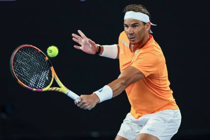 Jan 18, 2023; Melbourne, VICTORIA, Australia; Rafael Nadal during his second round match against Mackenzie Mcdonald on day three of the 2023 Australian Open tennis tournament at Melbourne Park. Mandatory Credit: Mike Frey-USA TODAY Sports