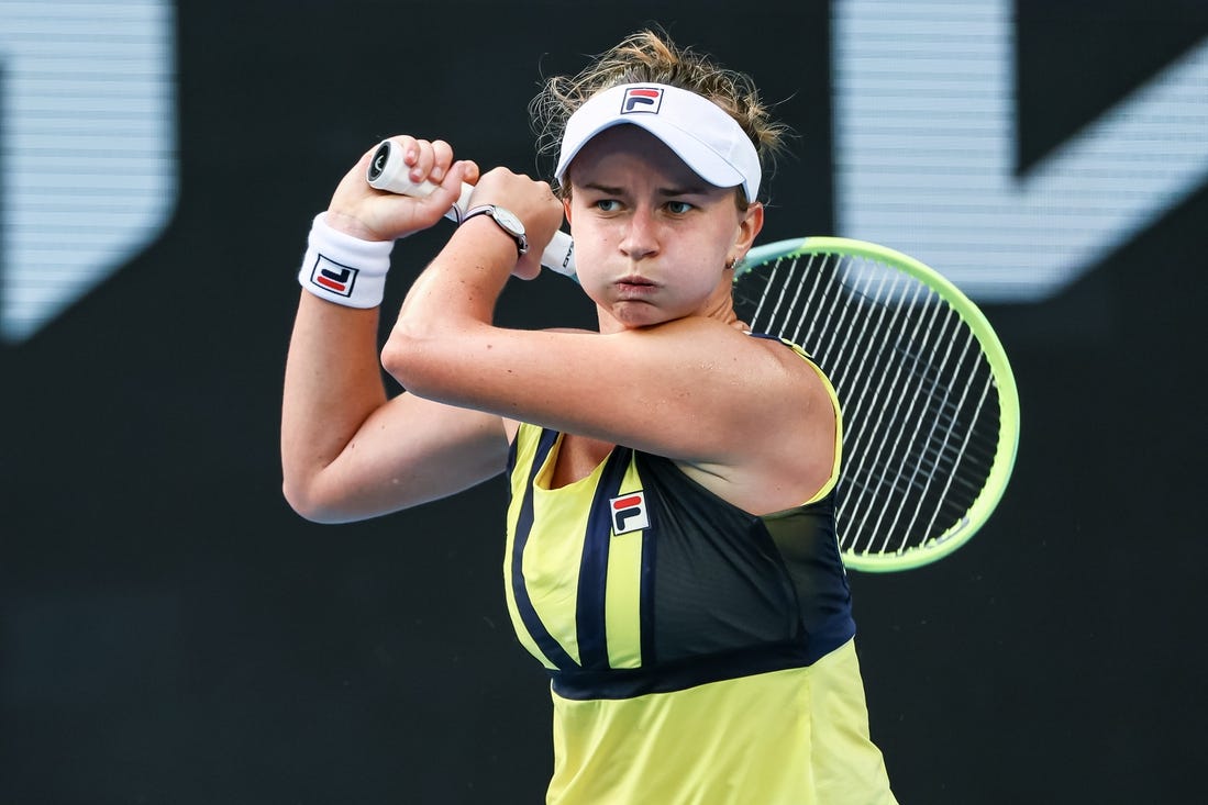 Jan 22, 2023; Melbourne, VICTORIA, Australia; Barbora Krejcikova from the Czech Republic during her fourth round match against Jessica Pegula from the United States on day seven of the 2023 Australian Open tennis tournament at Melbourne Park. Mandatory Credit: Mike Frey-USA TODAY Sports