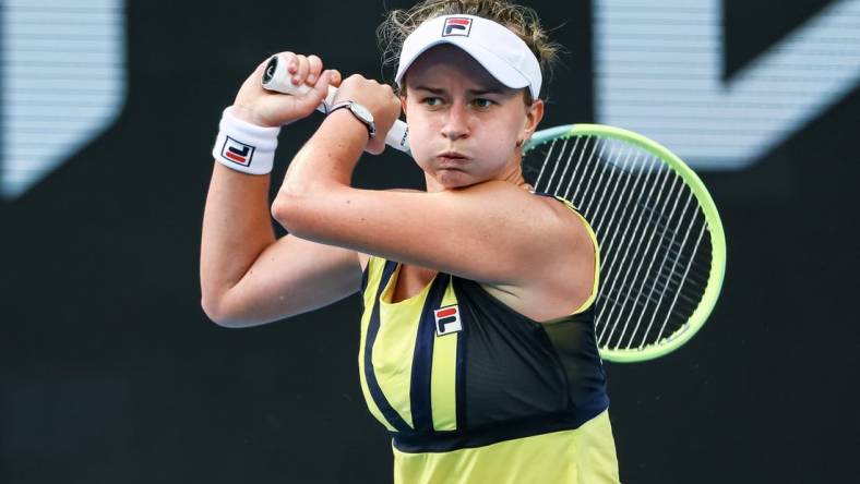 Jan 22, 2023; Melbourne, VICTORIA, Australia; Barbora Krejcikova from the Czech Republic during her fourth round match against Jessica Pegula from the United States on day seven of the 2023 Australian Open tennis tournament at Melbourne Park. Mandatory Credit: Mike Frey-USA TODAY Sports