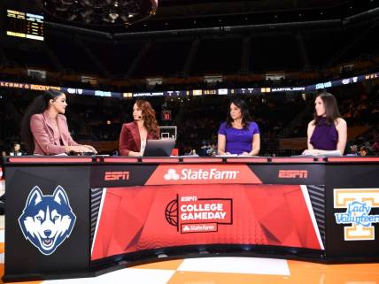 From left, Andraya Carter, Elle Duncan, Carolyn Peck, and Rebecca Lobo hosting College GameDay before the start of the NCAA college basketball game between the Tennessee Lady Vols and Connecticut Huskies on Knoxville, Tenn. on Thursday, January 26, 2023.

Gvx Lady Vols Uconn Basketball