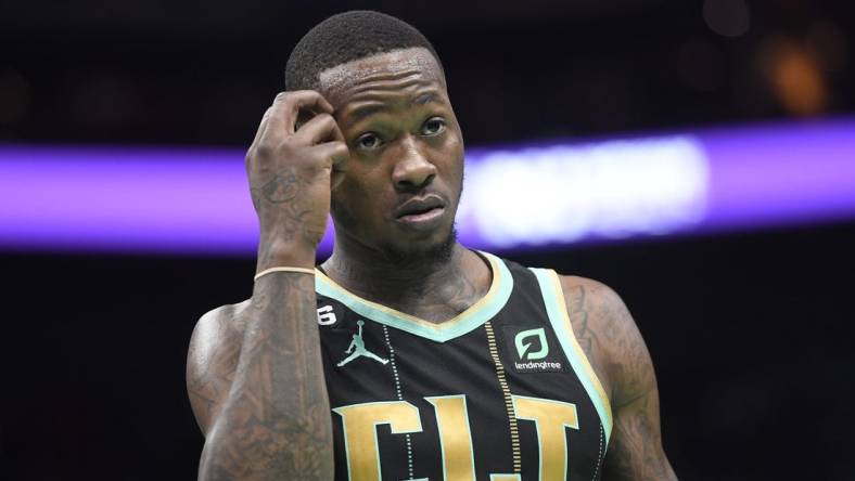 Jan 26, 2023; Charlotte, North Carolina, USA; Charlotte Hornets guard Terry Rozier (3) reacts after being called on a foul during the second half against the Chicago Bulls at the Spectrum Center. Mandatory Credit: Sam Sharpe-USA TODAY Sports