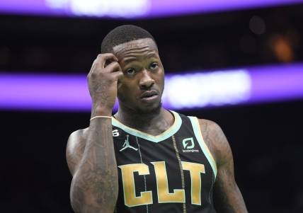Jan 26, 2023; Charlotte, North Carolina, USA; Charlotte Hornets guard Terry Rozier (3) reacts after being called on a foul during the second half against the Chicago Bulls at the Spectrum Center. Mandatory Credit: Sam Sharpe-USA TODAY Sports