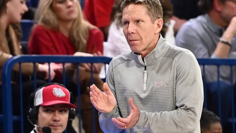 Feb 2, 2023; Spokane, Washington, USA; Gonzaga Bulldogs head coach Mark Few looks on against the Santa Clara Broncos in the second half at McCarthey Athletic Center. Gonzaga won 88-70. Mandatory Credit: James Snook-USA TODAY Sports