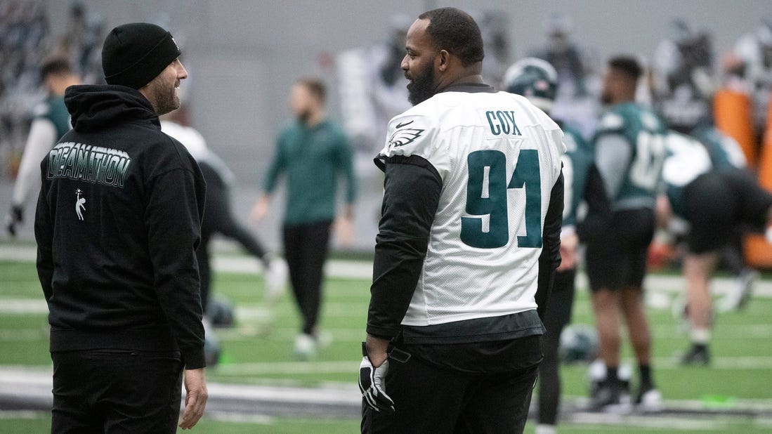Philadelphia Eagles' head coach Nick Sirianni, left, speaks with Eagles' defensive tackle Fletcher Cox during an Eagles practice held at the NovaCare Complex in Philadelphia on Friday, Feb. 3, 2023.  The Philadelphia Eagles will play the Kansas City Chiefs in Super Bowl LVII in Arizona on Sunday, Feb. 12, 2023.

Philadelphia Eagles Prepare For The Super Bowl 12