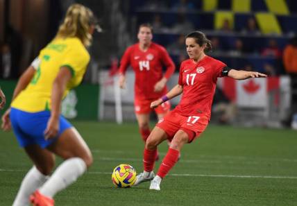 Feb 19, 2023; Nashville, Tennessee, USA; Canada midfielder Jessie Fleming (17) passes the ball during the first half against Brazil at Geodis Park. Mandatory Credit: Christopher Hanewinckel-USA TODAY Sports