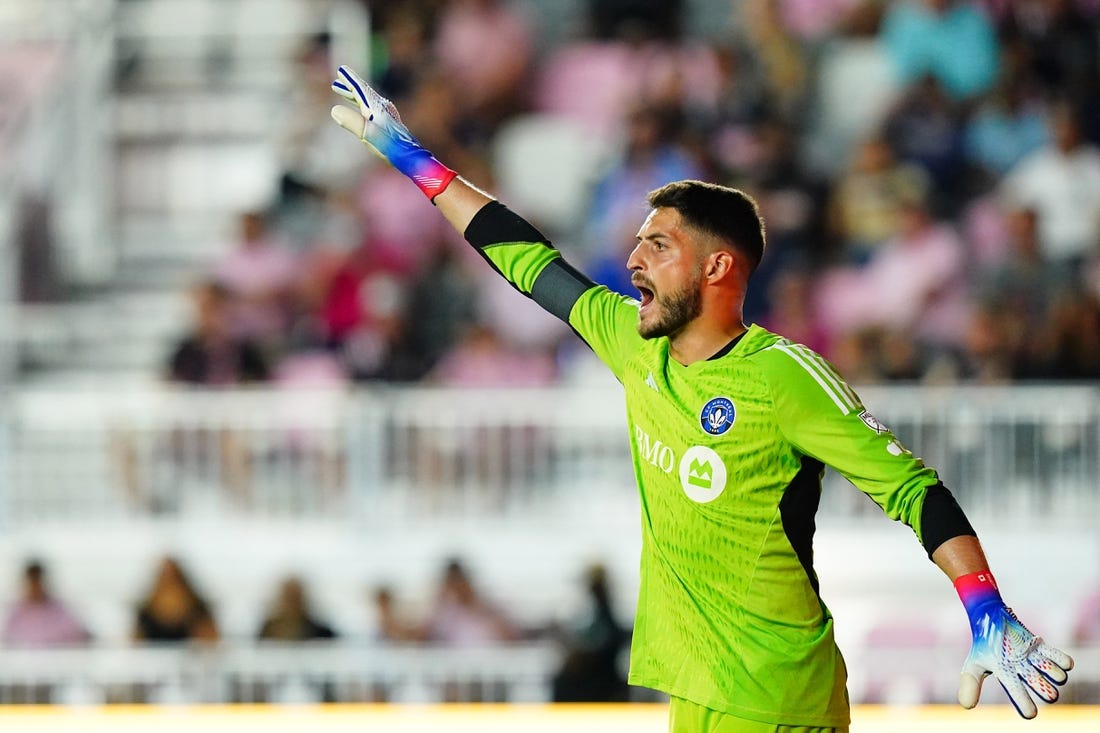 Feb 25, 2023; Fort Lauderdale, Florida, USA; CF Montreal goalkeeper James Pantemis (41) calls out to his team against Inter Miami CF during the first half at DRV PNK Stadium. Mandatory Credit: John David Mercer-USA TODAY Sports