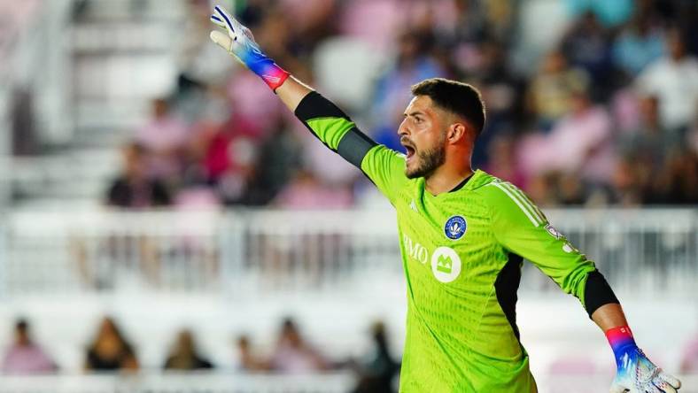 Feb 25, 2023; Fort Lauderdale, Florida, USA; CF Montreal goalkeeper James Pantemis (41) calls out to his team against Inter Miami CF during the first half at DRV PNK Stadium. Mandatory Credit: John David Mercer-USA TODAY Sports