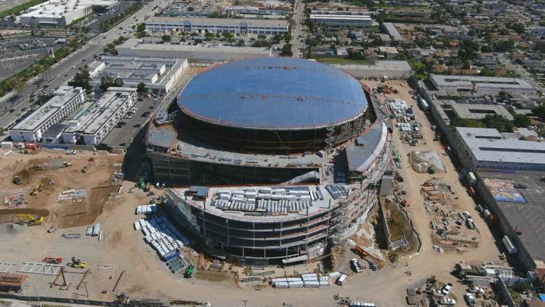 Mar 7, 2023; Inglewood CA, USA; A general overall aerial view of the Intuit Dome construction site. The arena, the future home of the LA Clippers, is scheduled to be completed in 2024. Mandatory Credit: Kirby Lee-USA TODAY Sports