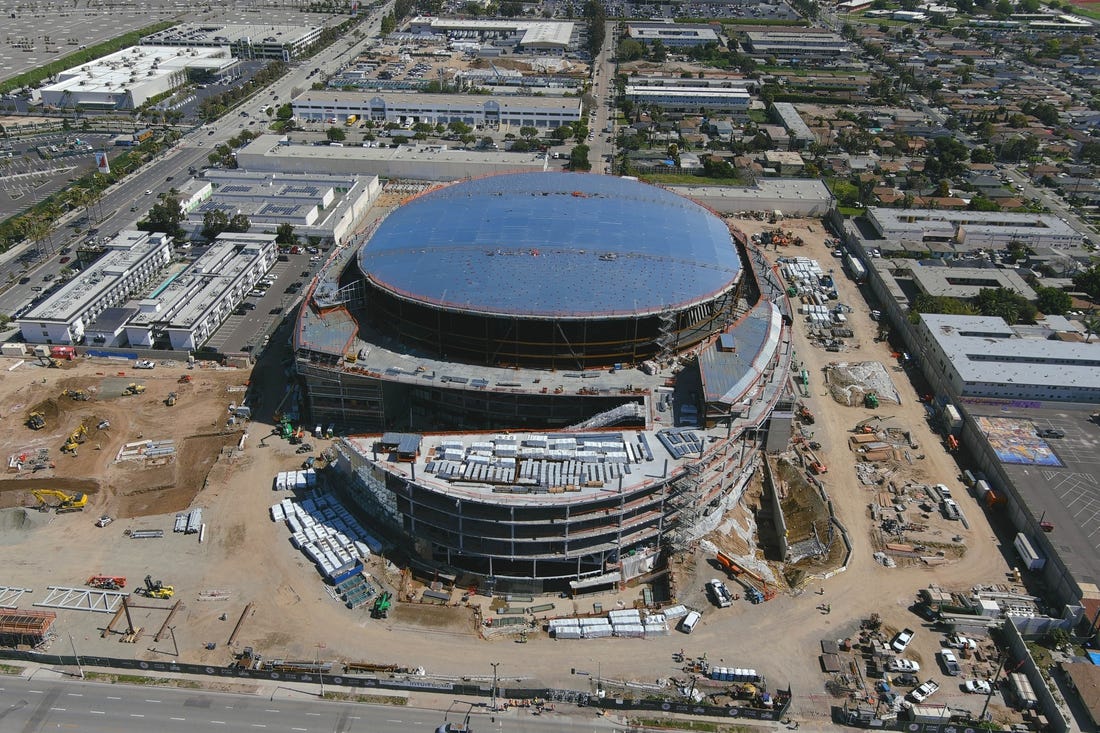 Mar 7, 2023; Inglewood CA, USA; A general overall aerial view of the Intuit Dome construction site. The arena, the future home of the LA Clippers, is scheduled to be completed in 2024. Mandatory Credit: Kirby Lee-USA TODAY Sports