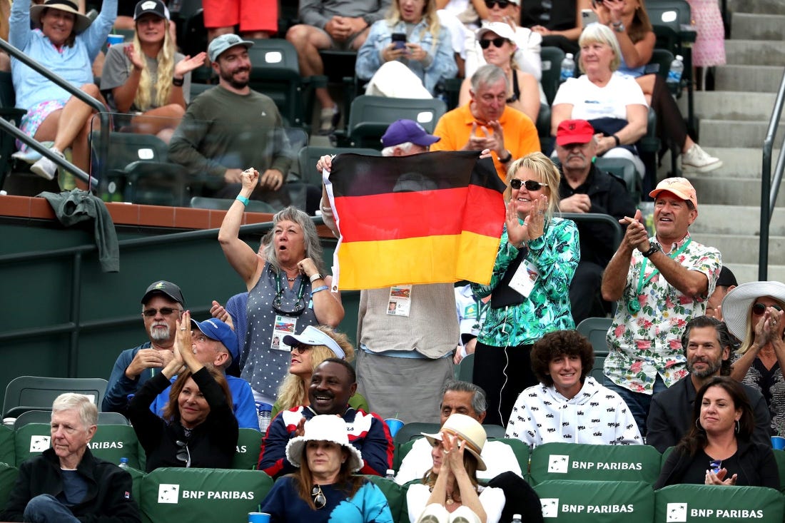 Fans cheer during the Alexander Zverev and Daniil Medvedev match during the BNP Paribas Open in Indian Wells, Calif., on Tuesday, March 14, 2023.

Bnp Paribas Open 2023 Daniil Medvedev Vs Zverev5534