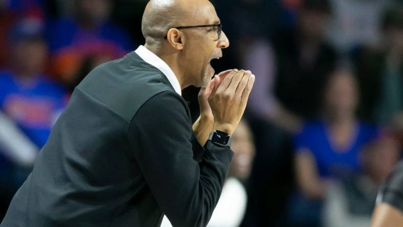 UCF Knights head coach Johnny Dawkins yells at the team during the first half of the NIT tournament Wednesday, March 15, 2023, at Exactech Arena in Gainesville, Fla. Alan Youngblood/Gainesville Sun

Gai Ufucf3takeaways 28265373