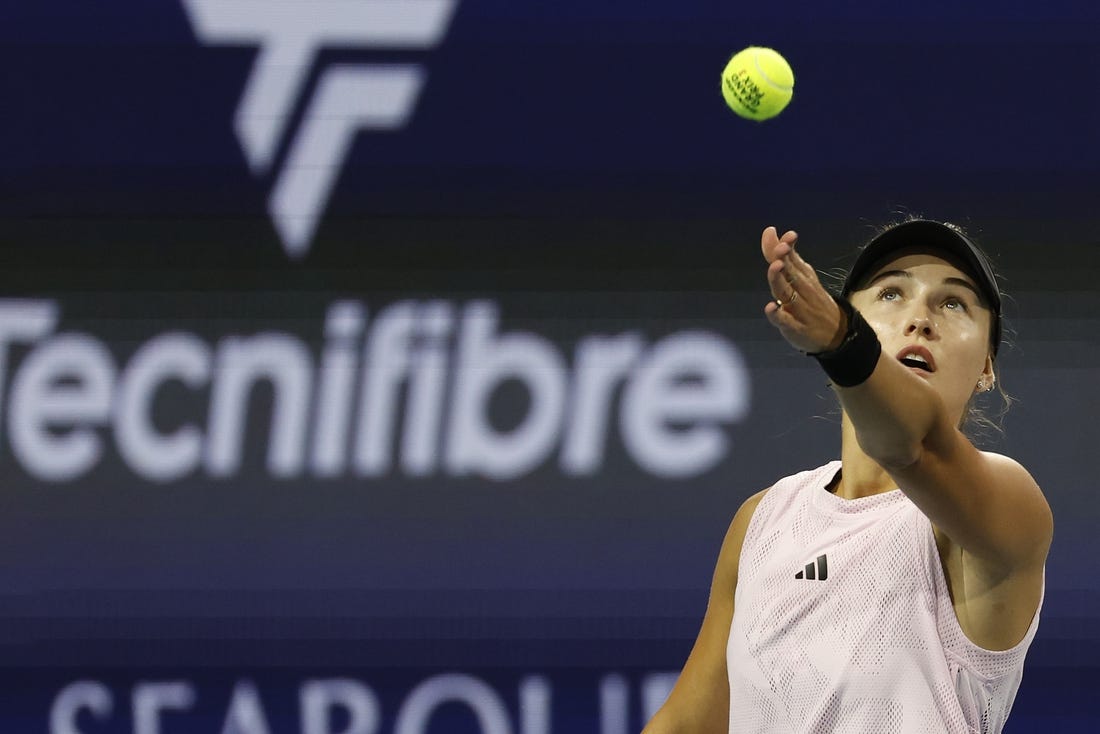 Mar 23, 2023; Miami, Florida, US; Anna Kalinskaya serves against Elena Rybakina (KAZ) (not pictured) on day four of the Miami Open at Hard Rock Stadium. Mandatory Credit: Geoff Burke-USA TODAY Sports