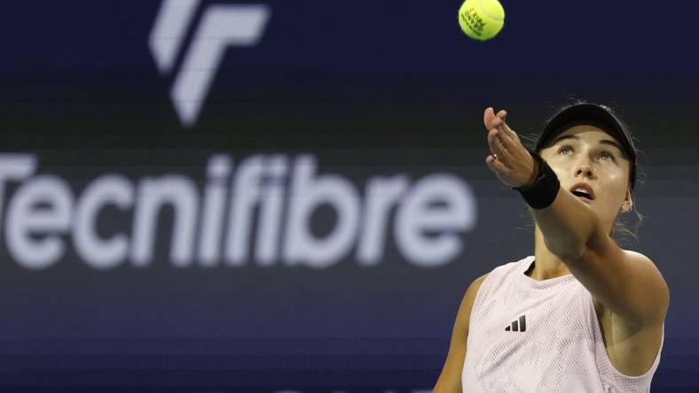 Mar 23, 2023; Miami, Florida, US; Anna Kalinskaya serves against Elena Rybakina (KAZ) (not pictured) on day four of the Miami Open at Hard Rock Stadium. Mandatory Credit: Geoff Burke-USA TODAY Sports