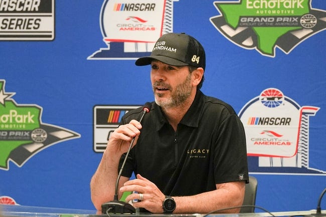 Driver Jimmie Johnson speaks during a press conference following the NASCAR Cup series practice at Circuit of the Americas Friday, March 24, 2023.