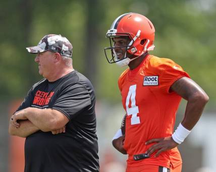 Browns quarterback Deshaun Watson and offensive coordinator Alex Van Pelt watch from the sideline during the 2022 training camp in Berea.

Camp Watson 5