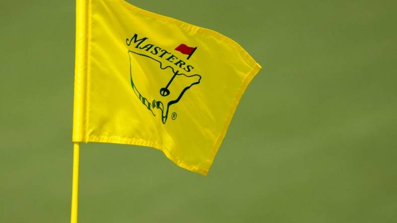 Apr 6, 2023; Augusta, Georgia, USA; A pin flag waves on the second green during the first round of The Masters golf tournament. Mandatory Credit: Rob Schumacher-USA TODAY Network