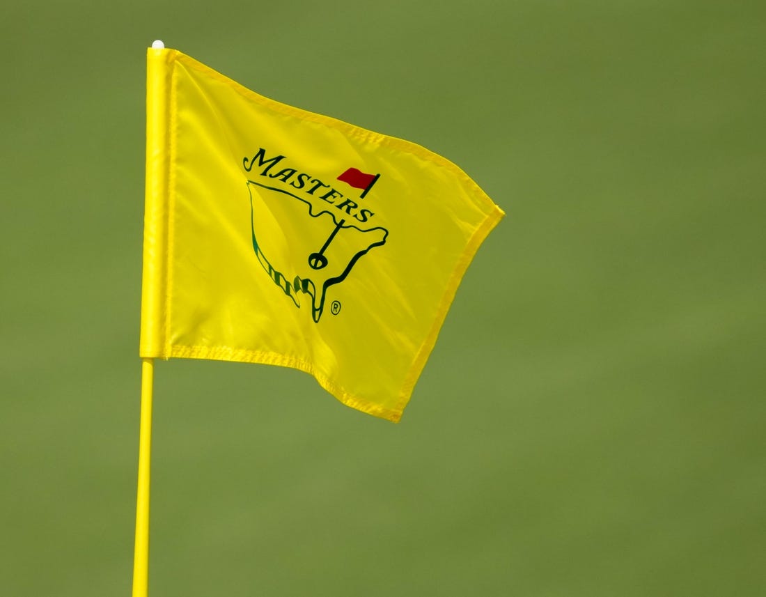 Apr 6, 2023; Augusta, Georgia, USA; A pin flag waves on the second green during the first round of The Masters golf tournament. Mandatory Credit: Rob Schumacher-USA TODAY Network