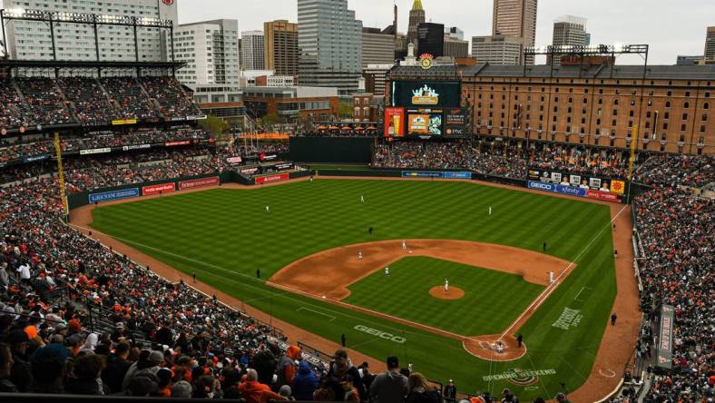 Apr 7, 2023; Baltimore, Maryland, USA; A general view of  Oriole Park at Camden Yards during  the game between the Baltimore Orioles and the New York Yankees . Mandatory Credit: Tommy Gilligan-USA TODAY Sports