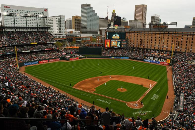 Apr 7, 2023; Baltimore, Maryland, USA; A general view of  Oriole Park at Camden Yards during  the game between the Baltimore Orioles and the New York Yankees . Mandatory Credit: Tommy Gilligan-USA TODAY Sports