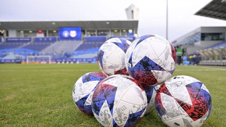 Apr 22, 2023; Montreal, Quebec, CAN; A general view of the Adidas MLS game ball before the match between CF Montreal and New York Red Bulls at Stade Saputo. Mandatory Credit: Eric Bolte-USA TODAY Sports