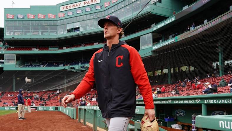 Apr 29, 2023; Boston, Massachusetts, USA; Cleveland Guardians starting pitcher Zach Plesac (34) walks onto the field before the start of the game against the Boston Red Soxat Fenway Park. Mandatory Credit: David Butler II-USA TODAY Sports