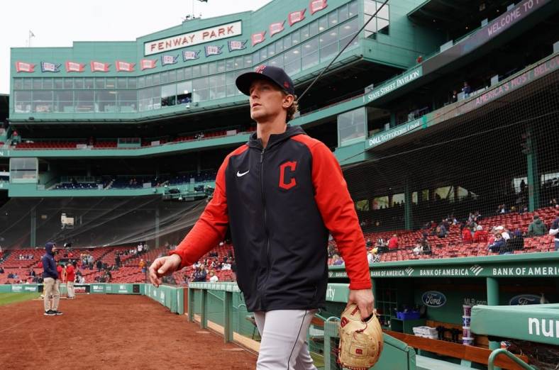 Apr 29, 2023; Boston, Massachusetts, USA; Cleveland Guardians starting pitcher Zach Plesac (34) walks onto the field before the start of the game against the Boston Red Soxat Fenway Park. Mandatory Credit: David Butler II-USA TODAY Sports