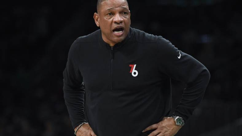 May 9, 2023; Boston, Massachusetts, USA; Philadelphia 76ers head coach Doc Rivers in the second half during game five of the 2023 NBA playoffs against the Boston Celtics at TD Garden. Mandatory Credit: Bob DeChiara-USA TODAY Sports