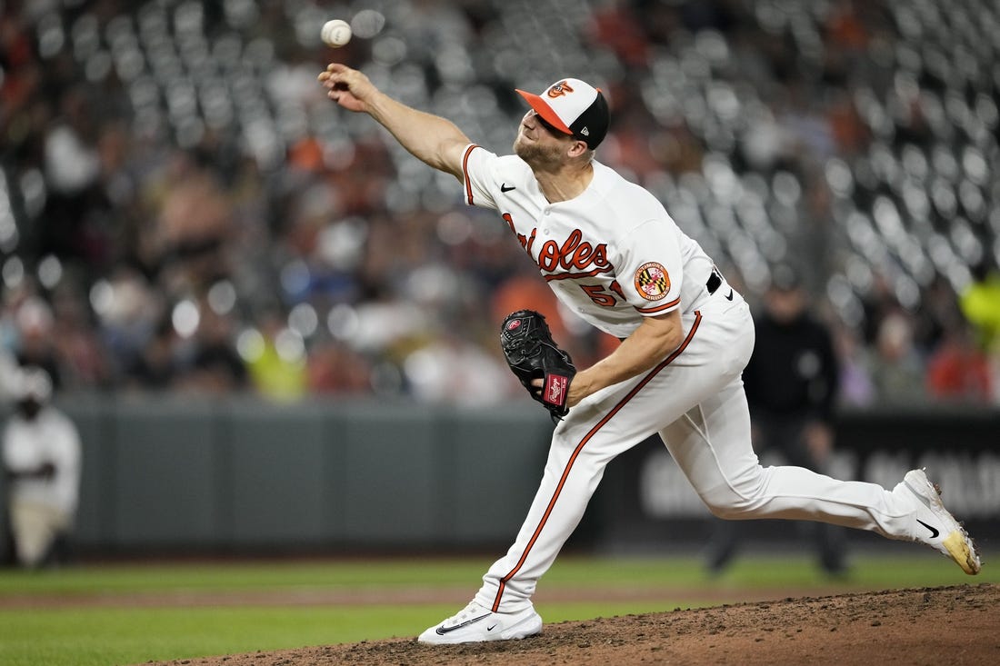May 10, 2023; Baltimore, Maryland, USA; Baltimore Orioles relief pitcher Austin Voth (51) pitches against the Tampa Bay Rays during the eighth inning at Oriole Park at Camden Yards. Mandatory Credit: Brent Skeen-USA TODAY Sports