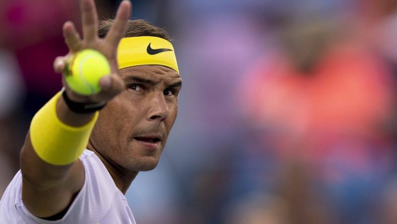 Rafael Nadal waives to the crowd before his match against Borna Coric in the Western & Southern Open at the Lindner Family Tennis Center in Mason, Ohio, on Wednesday, Aug. 17, 2022.