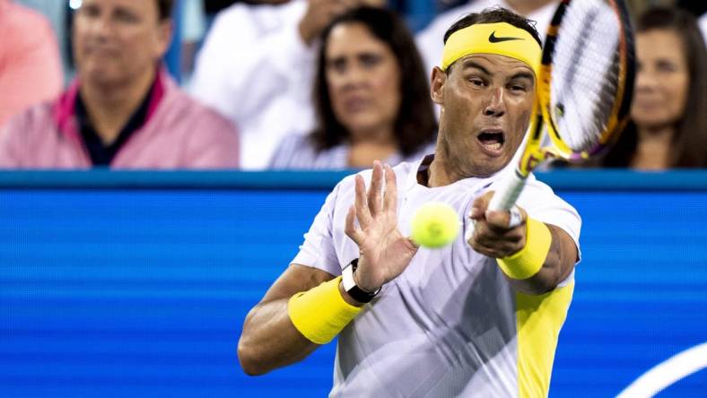 Rafael Nadal returns to Borna Coric during the third set of their match in the Western & Southern Open at the Lindner Family Tennis Center in Mason, Ohio, on Wednesday, Aug. 17, 2022. Borna Coric defeated Rafael Nadal 7-6, 4-6, 6-3.