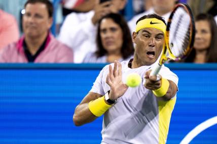 Rafael Nadal returns to Borna Coric during the third set of their match in the Western & Southern Open at the Lindner Family Tennis Center in Mason, Ohio, on Wednesday, Aug. 17, 2022. Borna Coric defeated Rafael Nadal 7-6, 4-6, 6-3.