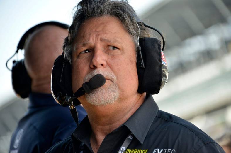 Friday, May 12, 2023, Michael Andretti, owner of Andretti Autosport, watches action during practice for the GMR Grand Prix at Indianapolis Motor Speedway.