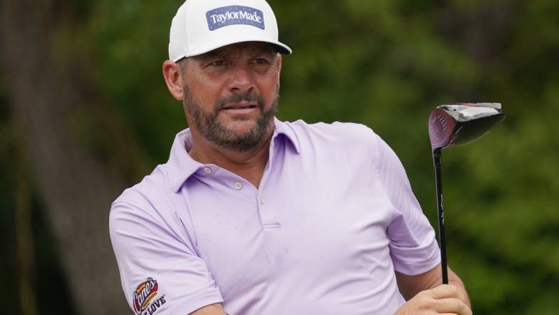 May 25, 2023; Fort Worth, Texas, USA; Michael Block watches his shot from the sixth tee during the first round of the Charles Schwab Challenge golf tournament. Mandatory Credit: Raymond Carlin III-USA TODAY Sports