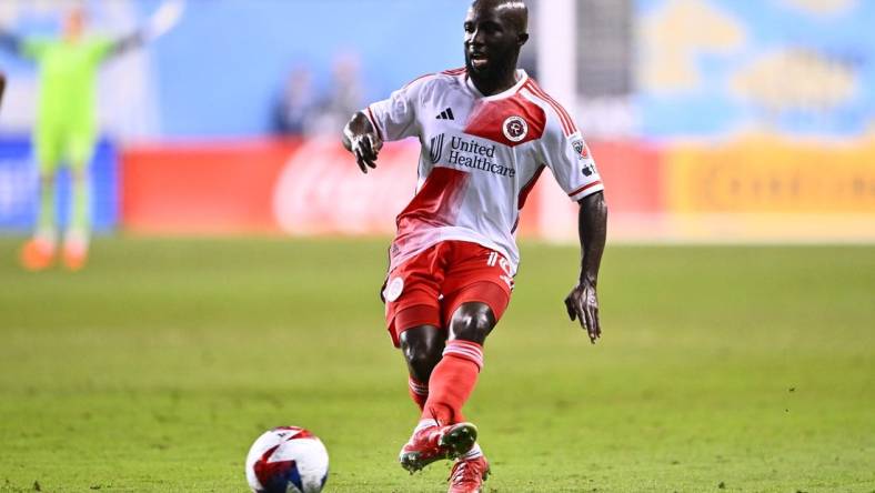 May 20, 2023; Philadelphia, Pennsylvania, USA; New England Revolution midfielder Emmanuel Boateng (18) passes the ball against the Philadelphia Union in the second half at Subaru Park. Mandatory Credit: Kyle Ross-USA TODAY Sports