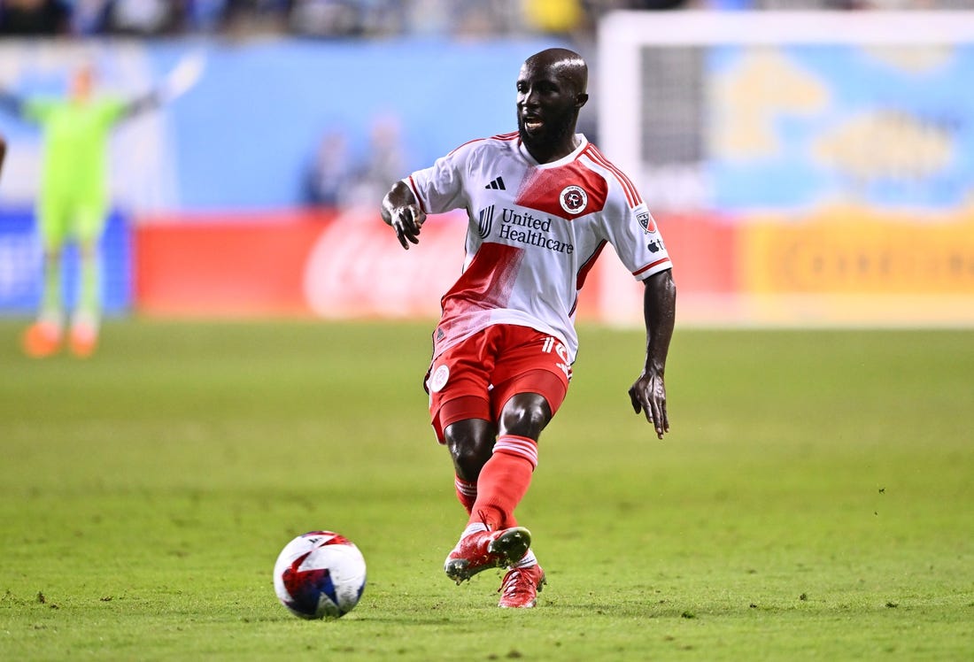 May 20, 2023; Philadelphia, Pennsylvania, USA; New England Revolution midfielder Emmanuel Boateng (18) passes the ball against the Philadelphia Union in the second half at Subaru Park. Mandatory Credit: Kyle Ross-USA TODAY Sports