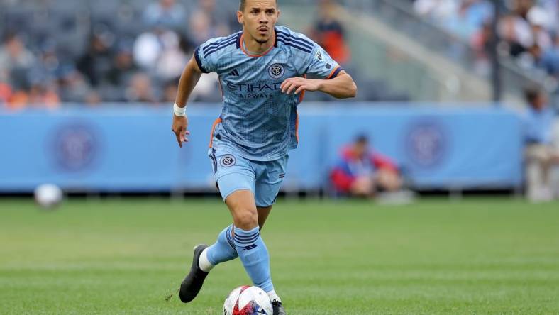 Jun 3, 2023; New York, New York, USA; New York City FC midfielder Alfredo Morales (7) controls the ball against the New England Revolution during the first half at Yankee Stadium. Mandatory Credit: Brad Penner-USA TODAY Sports