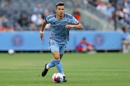 Jun 3, 2023; New York, New York, USA; New York City FC midfielder Alfredo Morales (7) controls the ball against the New England Revolution during the first half at Yankee Stadium. Mandatory Credit: Brad Penner-USA TODAY Sports